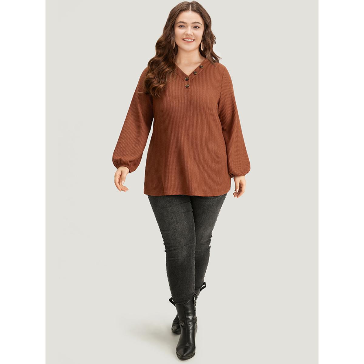 Plus Size Halloween Solid Waffle Knit Button Up Lantern Sleeve T-shirt Chocolate Women Casual Elastic cuffs Plain V-neck Festival-Halloween T-shirts BloomChic 28/5X Product Image