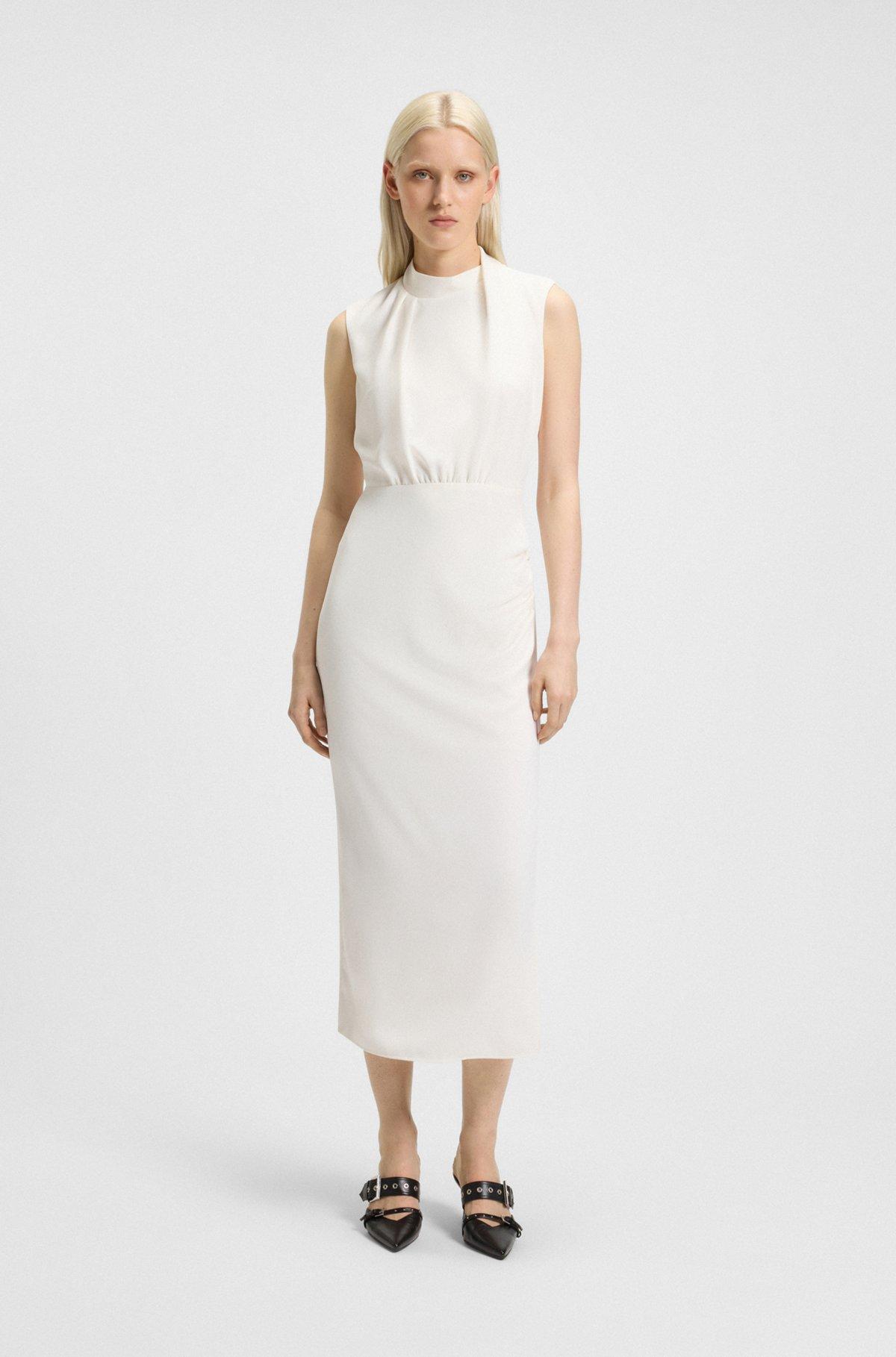 HUGO - Long-length dress in crepe with draped mock neckline - White Product Image