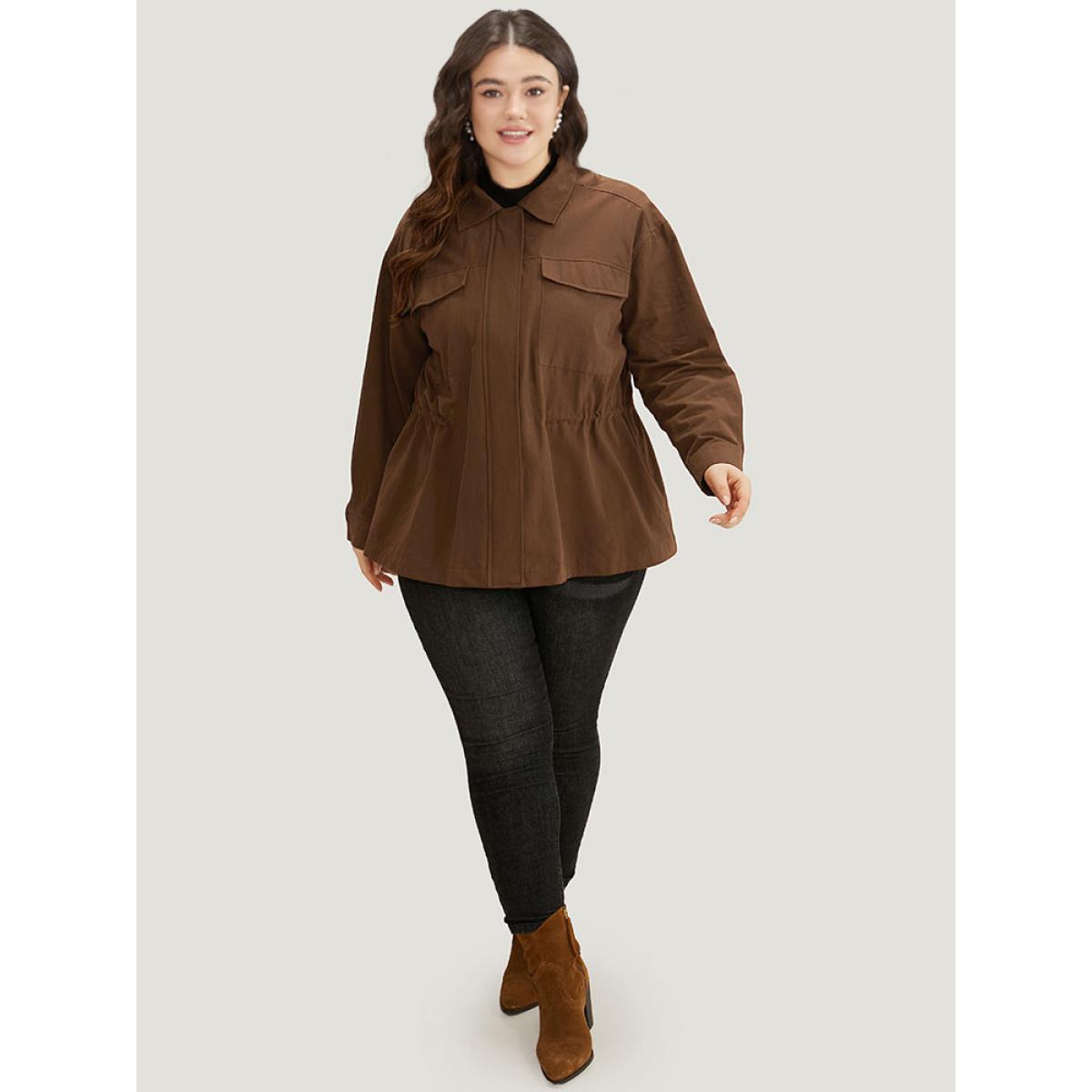 Plus Size Plain Flap Pocket Gathered Coat Women Maroon Casual Gathered Ladies Dailywear Winter Coats BloomChic 28/5X Product Image