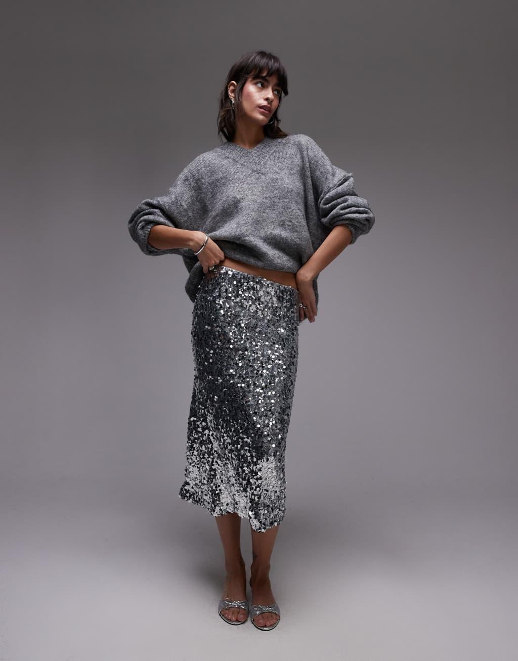 Mango mixed sequin midi skirt in silver Product Image