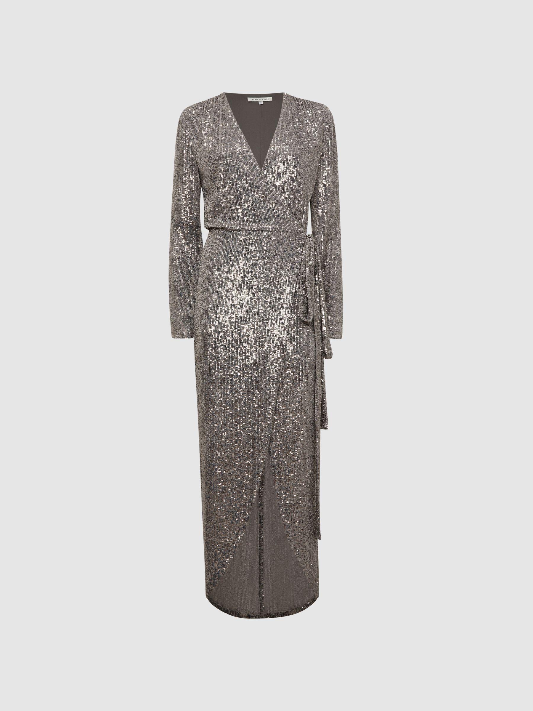 Halston Sequin Wrap Midi Dress in Silver Product Image