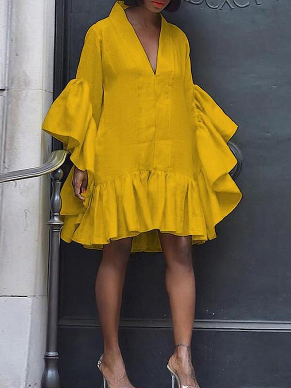 Flared Sleeves Loose Pleated Solid Color Split-Joint V-Neck Mini Dresses Product Image