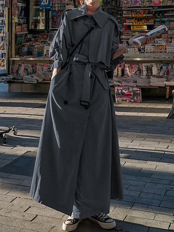 Long Sleeves Loose Buckle Buttoned Split-Back Tied Waist Lapel Outerwear Trench Coats Product Image