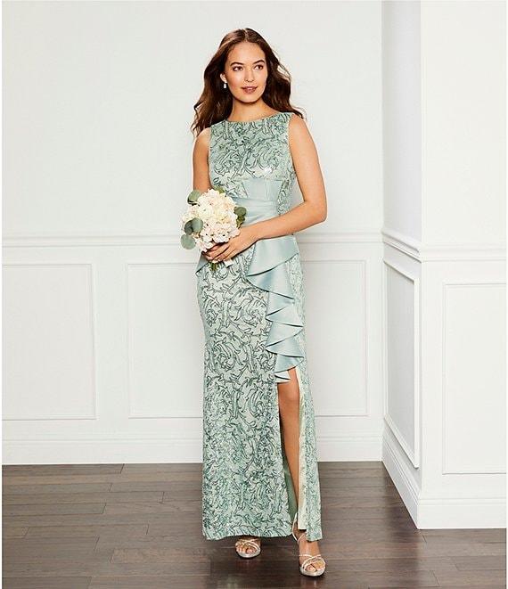 Eliza J Sequin Lace Boat Neck Sleeveless Ruffle Front Slit Gown Product Image