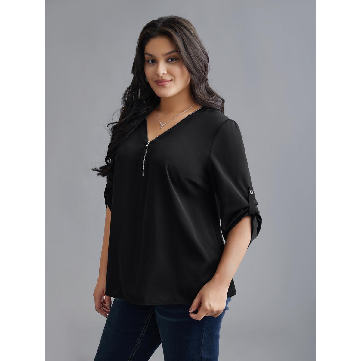 Plus Size Black Plain V Neck Half Zip Tab Sleeve Blouse Women Leisure Elbow-length sleeve V-neck Casual Blouses BloomChic 30/6X Product Image