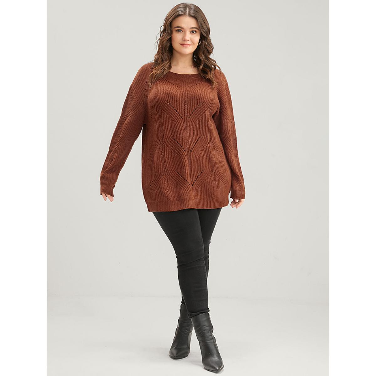 Plus Size Solid Pointelle Knit Cut Out Round Neck Knit Top Maroon Women Casual Loose Long Sleeve Dailywear Pullovers BloomChic 14-16/1X Product Image