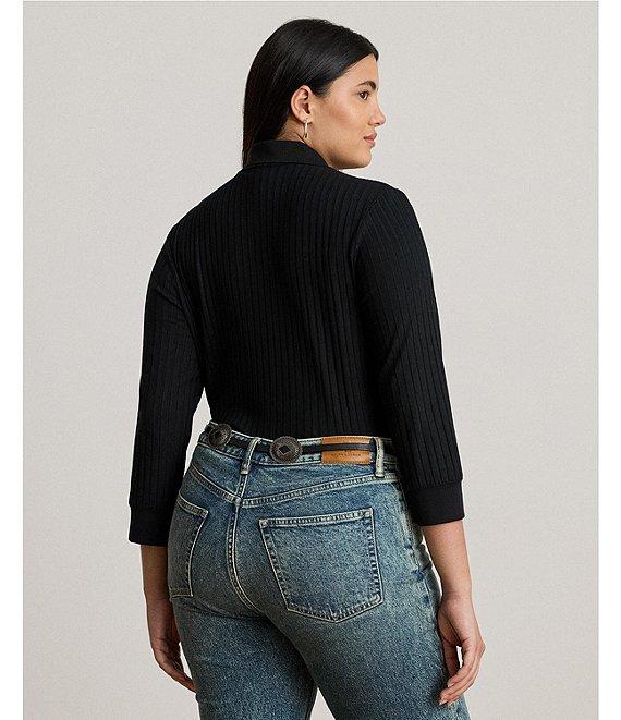 Lauren Ralph Lauren Plus Size Rib-Knit Polo Collar 3/4 Sleeve Shirt Product Image