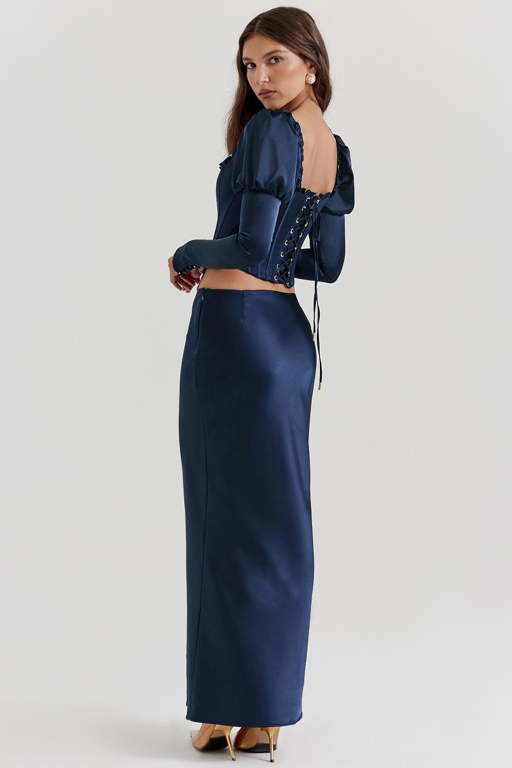 Charlene  navy satin bias cut maxi skirt Product Image