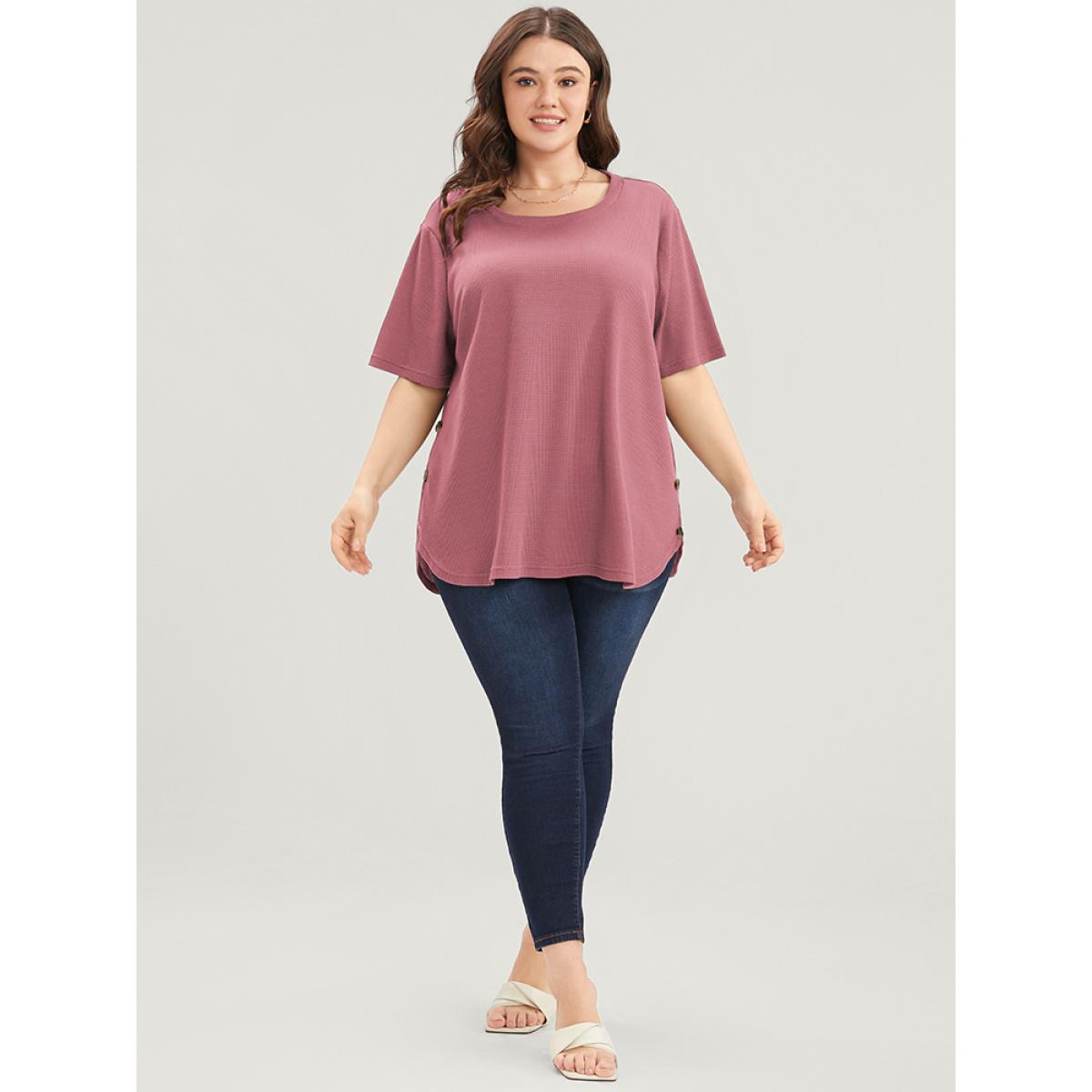 Plus Size Plain Round Neck Button Detail Waffle Knit Tee DustyPink Women Casual Button Plain Round Neck Dailywear T-shirts BloomChic 30/6X Product Image
