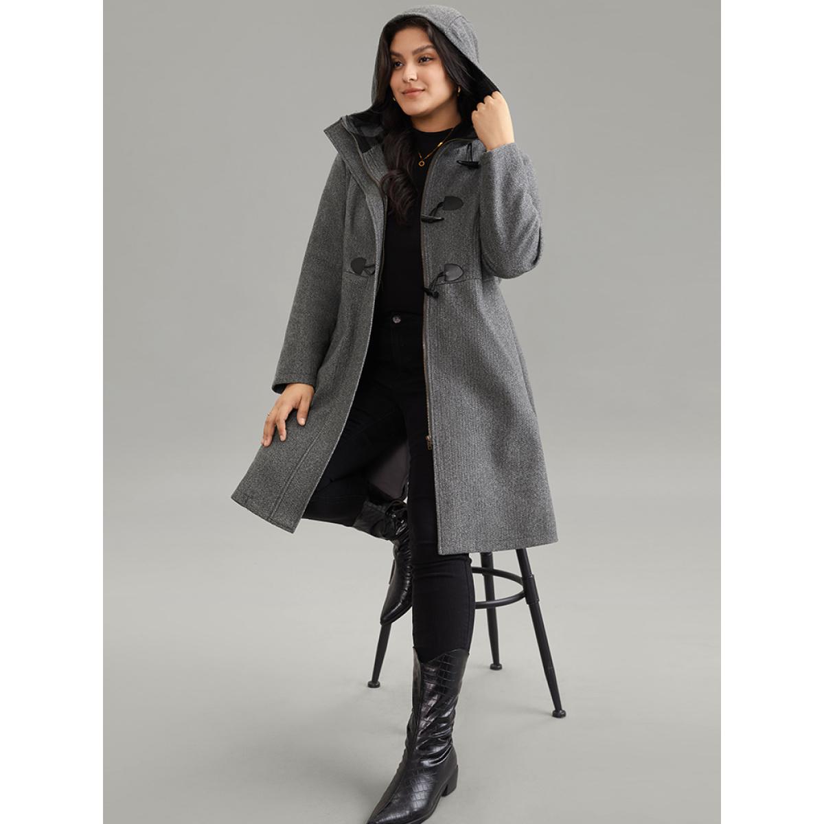 Plus Size Plaid Hooded Pocket Duffle Button Tunic Coat Women DimGray Casual Lined Loose Ladies Everyday Winter Coats BloomChic 30/6X Product Image