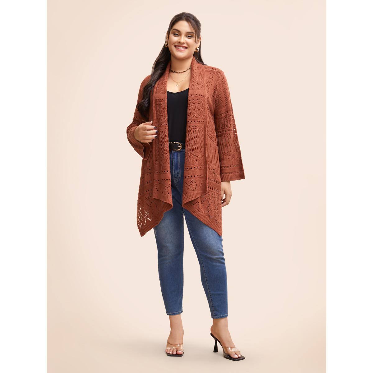 Plus Size Texture Cut Out Bell Sleeve Cardigan Rust Women Resort Loose Long Sleeve Vacation Cardigans BloomChic 12/L Product Image