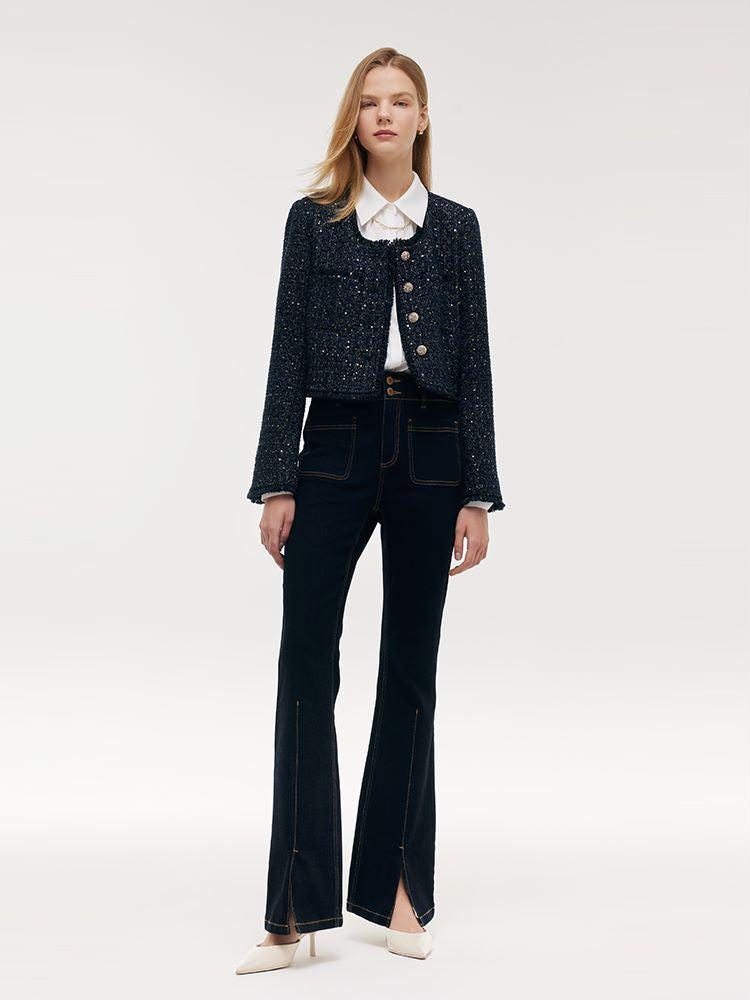 Wool Blend Tweed Square Neck Women Crop Jacket Product Image