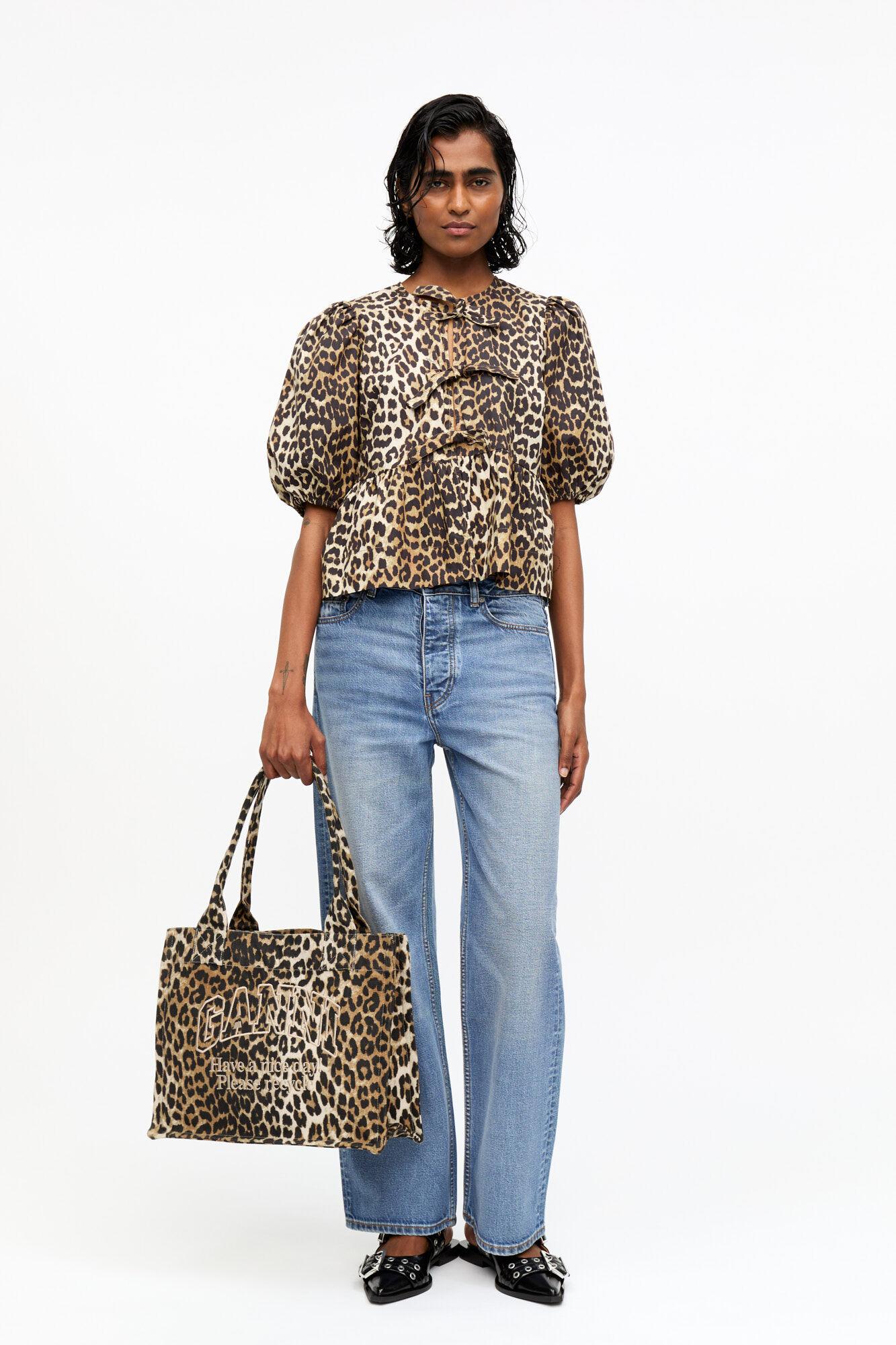 Leopard Cotton Poplin Peplum Tie Blouse Product Image