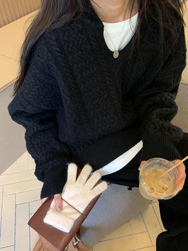 Solid V Neck Cable Knit Sweater Product Image