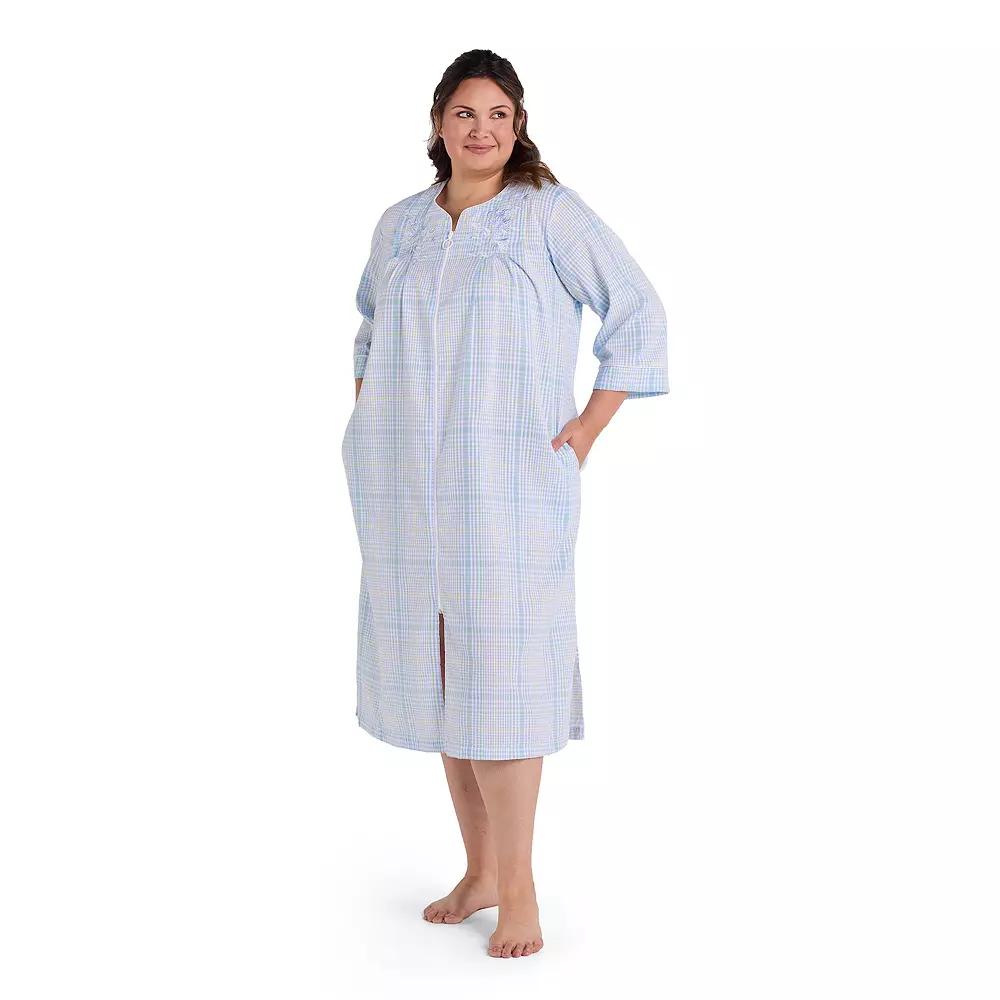 Plus Size Miss Elaine Essentials Seersucker Long Zip Robe, Women's, Size: 1XL, Blue Mint Check Product Image