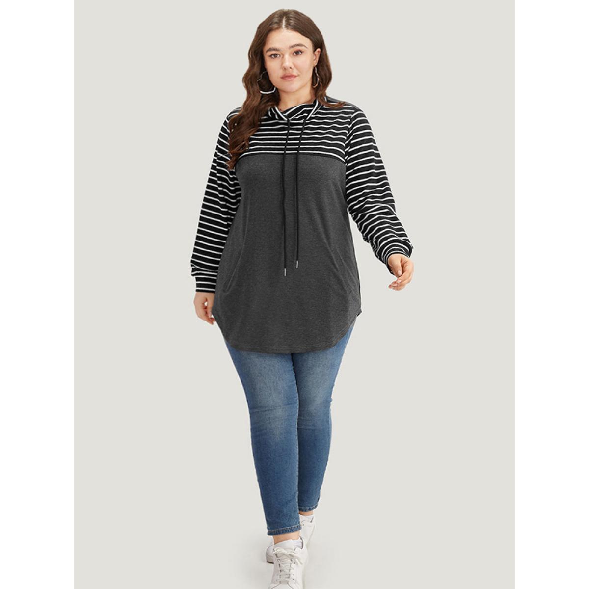 Plus Size Mock Neck Striped Patchwork Drawstring Sweatshirt Women Indigo Casual Contrast Mock Neck Everyday Sweatshirts BloomChic 22-24/3X Product Image