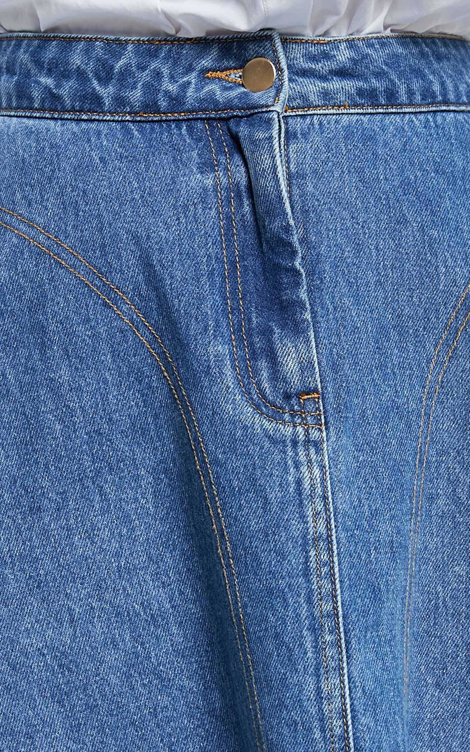 Koemi Skirt - High Waisted Denim Flare in Mid Blue Wash Product Image