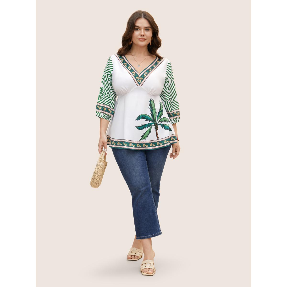 Plus Size Moss Boho Coconut Tree Print Lantern Sleeve Blouse Women Resort Elbow-length sleeve V-neck Vacation Blouses BloomChic 14-16/1X Product Image