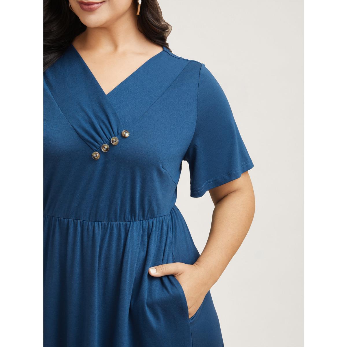Plus Size Button Detail Pleated Pockets Midi Dress Mediumblue Women Casual Gathered V-neck Short sleeve Curvy BloomChic 18-20/2X Product Image