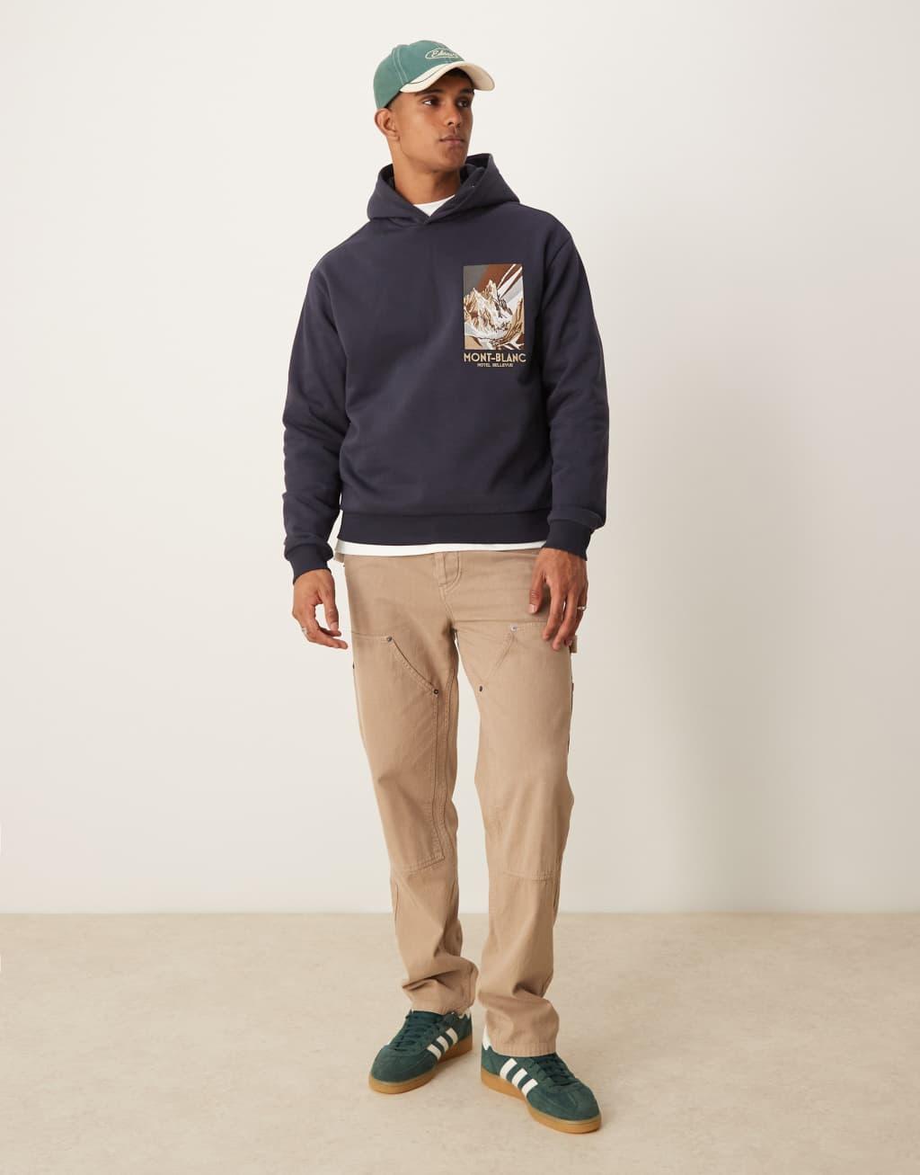 Mango regular fit graphic hoodie in navy Product Image