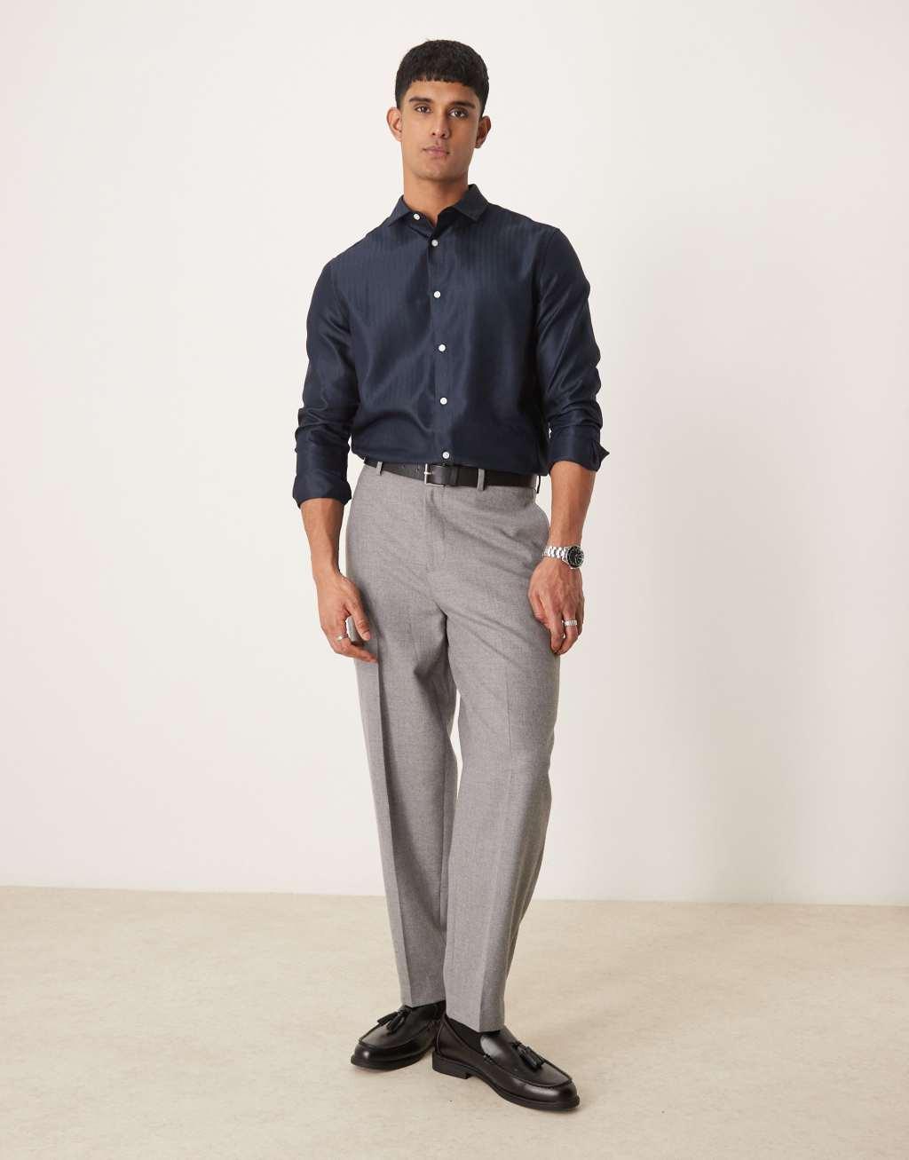 ASOS DESIGN formal easy iron regular shirt in herringbone texture in navy Product Image