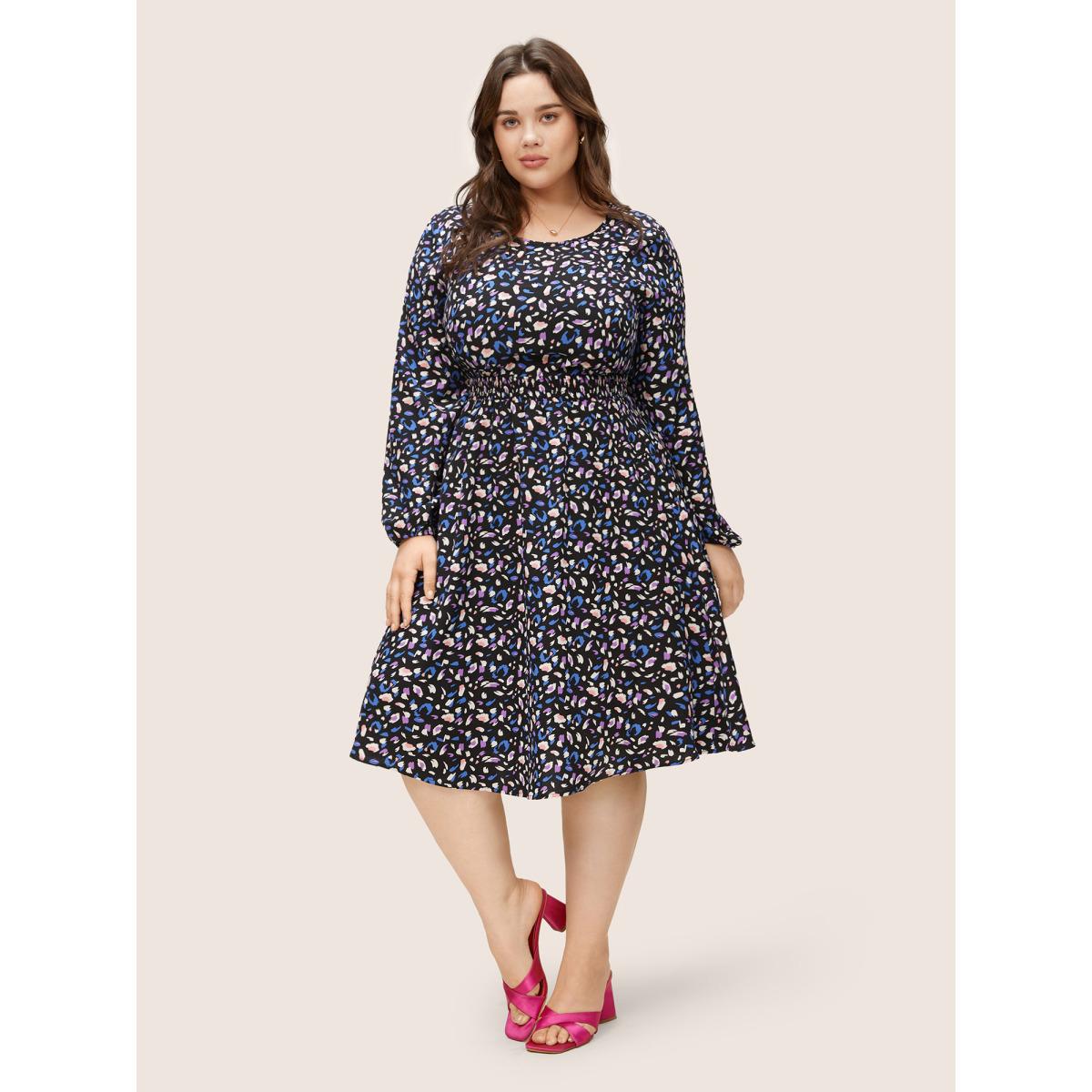 Plus Size Colored Leopard Print Elastic Cuffs Shirred Dress Black Women Elegant Non Round Neck Long Sleeve Curvy Knee Dress BloomChic 10/M Product Image