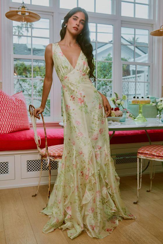 Deluca Cream Floral Sleeveless Ruffled Maxi Dress Product Image