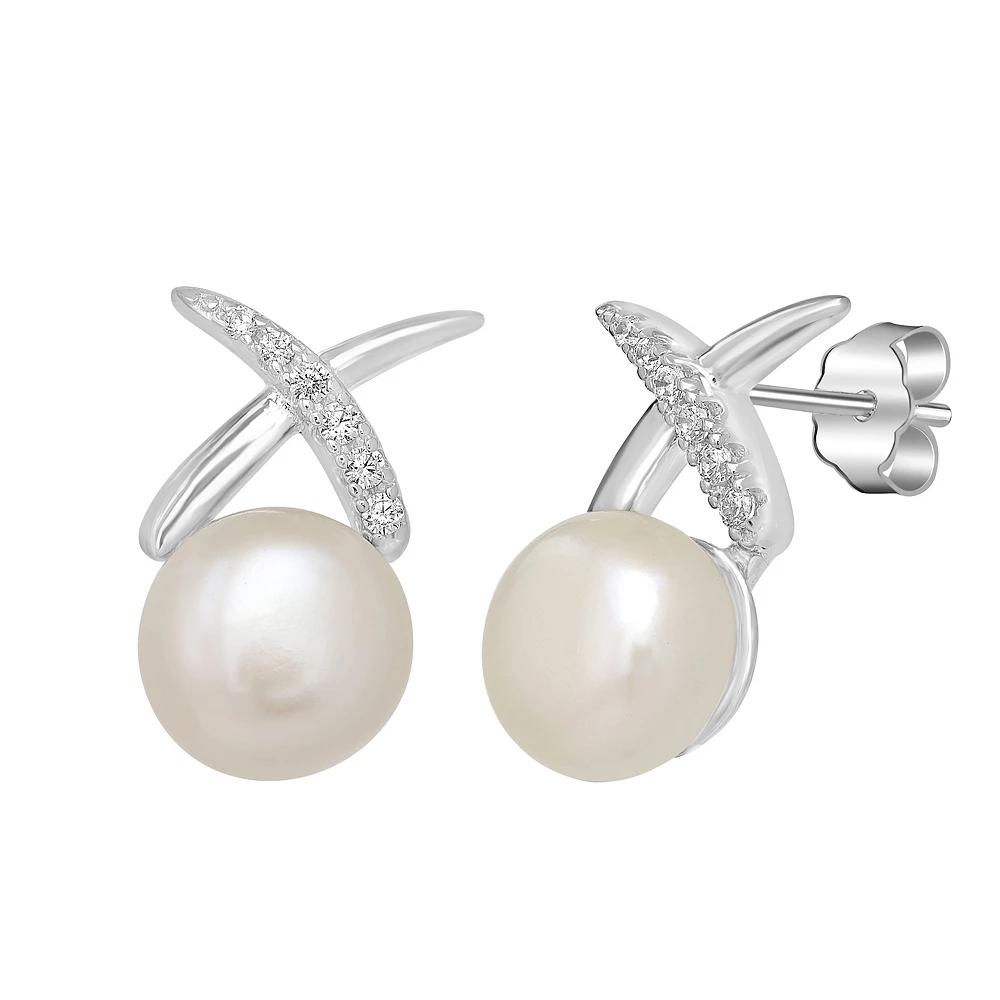 Gemistry Sterling Silver Freshwater Cultured Pearl & Cubic Zirconia X Stud Earrings, Women's Product Image