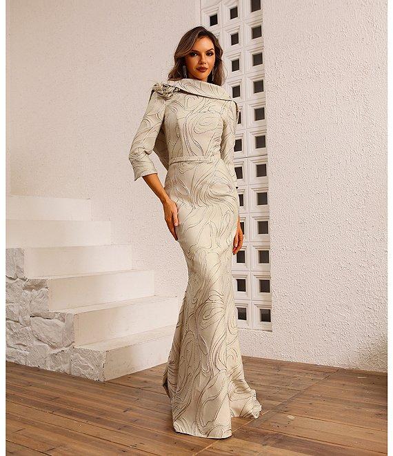 Terani Couture Cowl Back 3/4 Sleeves Jacquard Sheath Gown Product Image