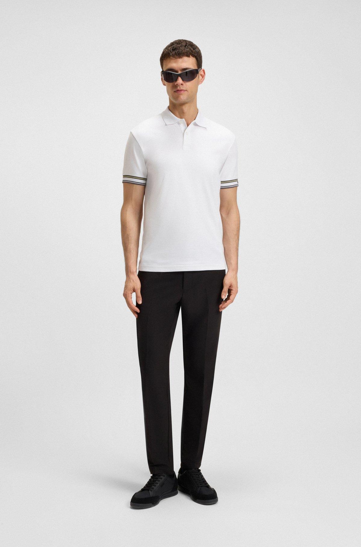 BOSS - Slim-fit polo shirt in cotton with striped collar - White Product Image