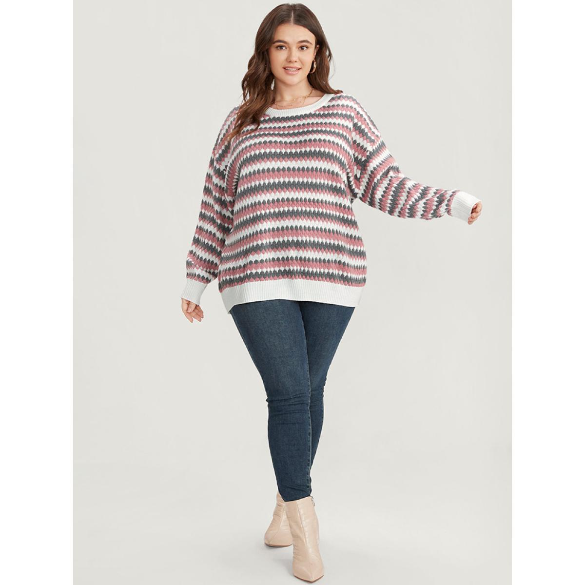 Plus Size Striped Contrast Pointelle Knit Round Neck Loose Knit Top Multicolor Women Casual Loose Long Sleeve Round Neck Dailywear Pullovers BloomChic 14-16/1X Product Image
