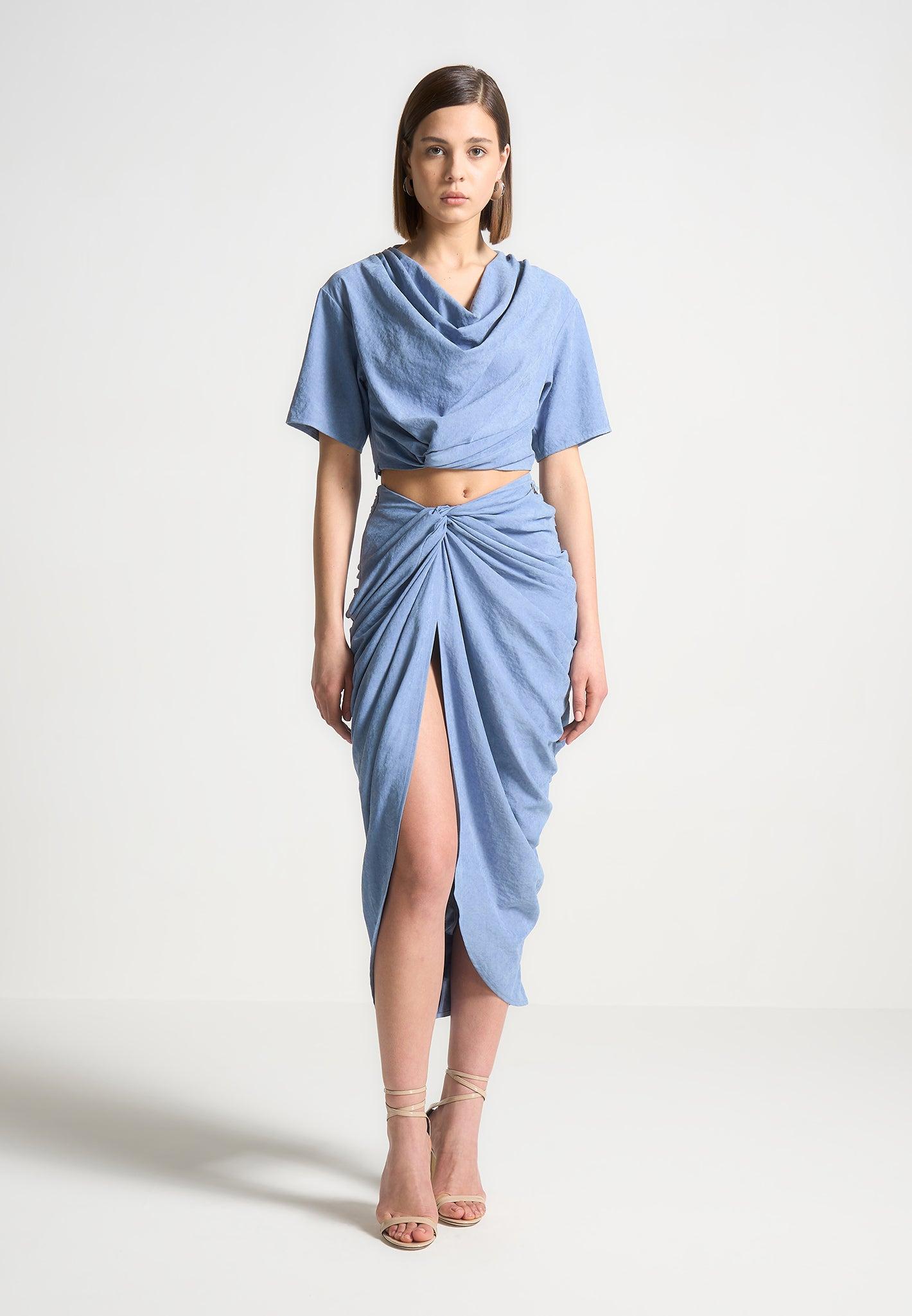 Cowl Neck Drape T-Shirt - Blue Female Product Image