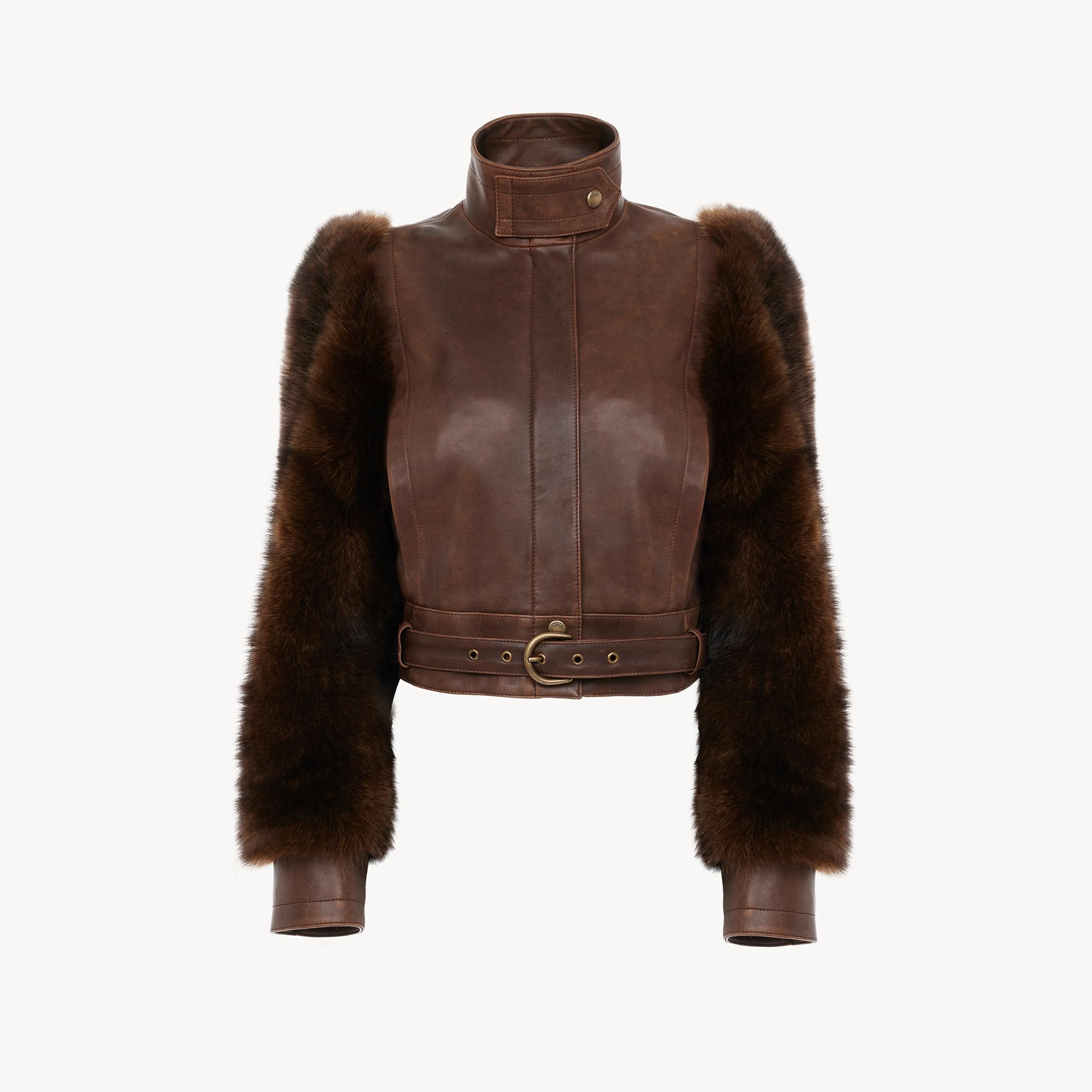 CHLOÉ Leather Jacket With Belted Waist And Fur Sleeves In Brown Product Image