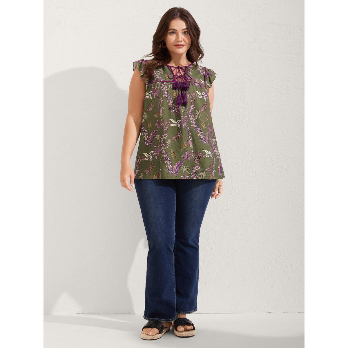 Plus Size Moss Paisley Print Color Contrast Flowy Blouse Women Boho Cap Sleeve Asymmetrical Neck Vacation Blouses BloomChic 10/M Product Image