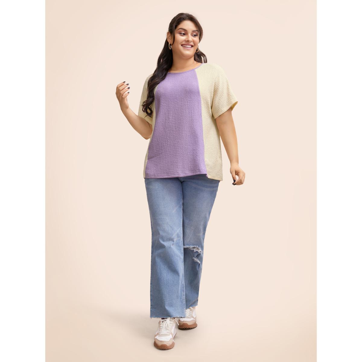 Plus Size Texture Patchwork Contrast Dolman Sleeve T-shirt Lilac Women Elegant Texture Round Neck Everyday T-shirts BloomChic 12/L Product Image