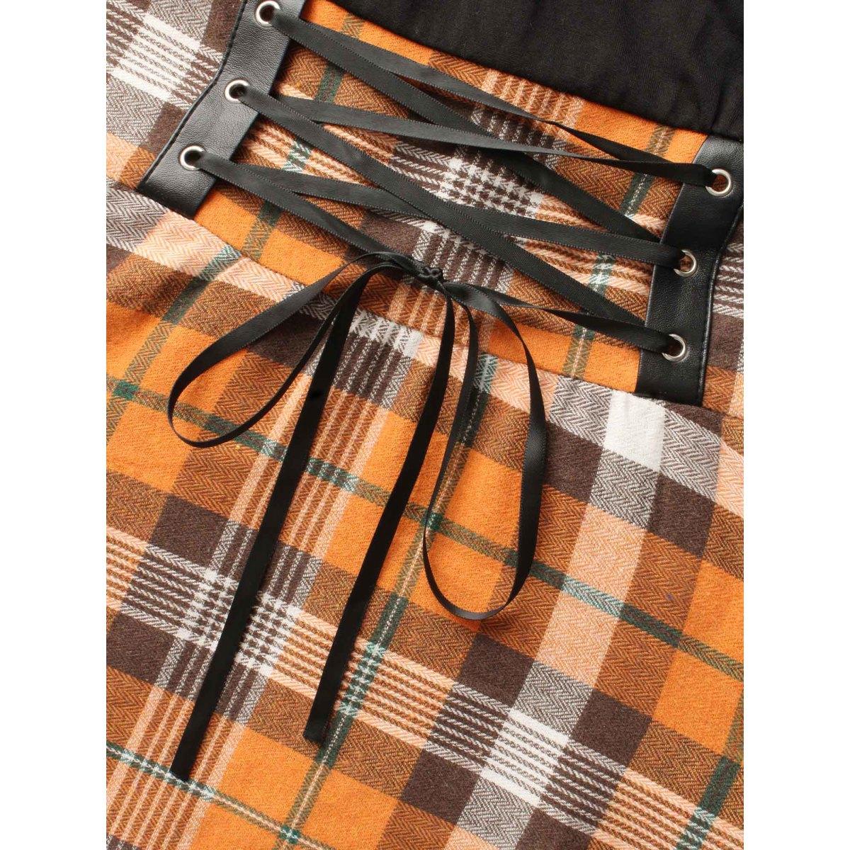 Plus Size Elastic Plaid Asymmetrical Hem Dress Brightorange Women Cocktail Wraparound straps Party Curvy Bloomchic 26/4X Product Image