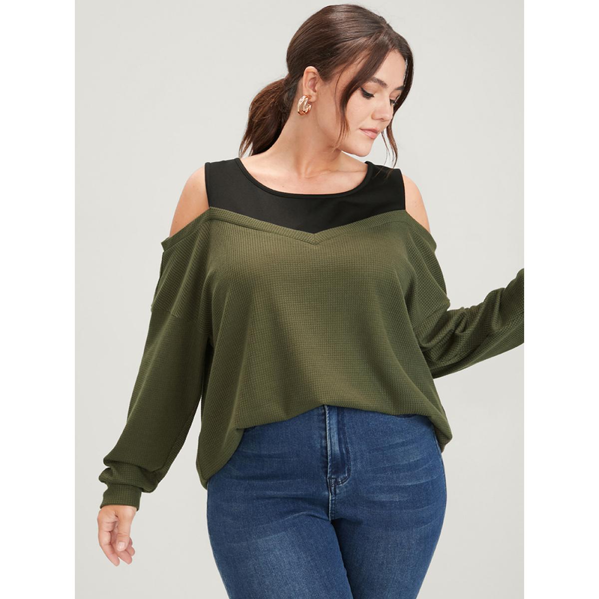 Plus Size Colorblock Contrast Waffle Knit Cold Shoulder Sweatshirt Women ArmyGreen Elegant Plain Cold Shoulder Dailywear Sweatshirts BloomChic 22-24/3X Product Image