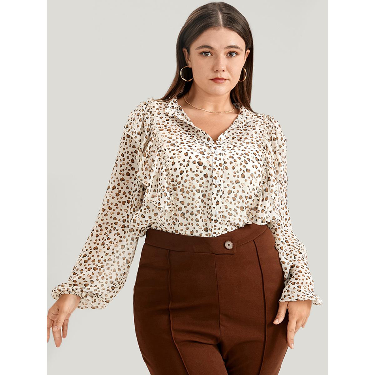 Plus Size Apricot Leopard Mesh Ruffle Trim Button Up Blouse Women Office Long Sleeve Lapel Collar Office Blouses BloomChic 12/L Product Image