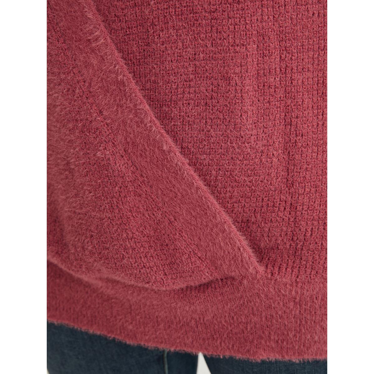 Plus Size Solid Pointelle Knit Surplice Neck Fluffy Knit Top Rust Women Casual Loose Long Sleeve Deep V-neck Dailywear Pullovers BloomChic 10/M Product Image