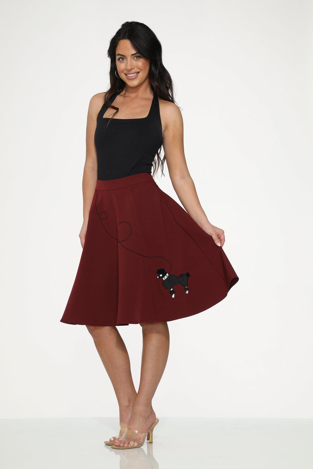 Burgundy Black Embroidered Poodle Swing Skirt Product Image