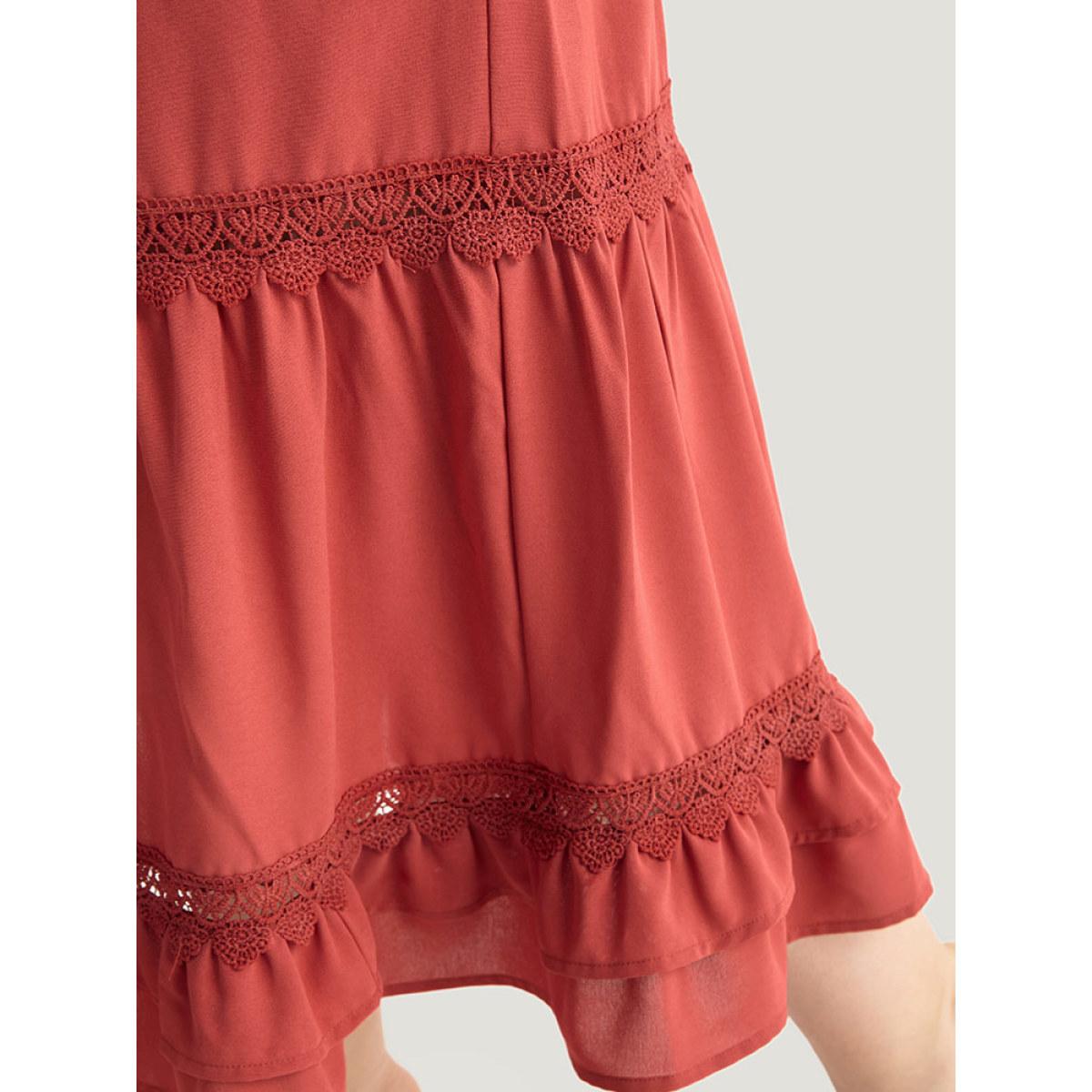 Plus Size Contrast Lace Bell Sleeve Layered Hem Dress Crimson Women Elegant Plain V-neck Long Sleeve Curvy Midi Dress BloomChic 18-20/2X Product Image