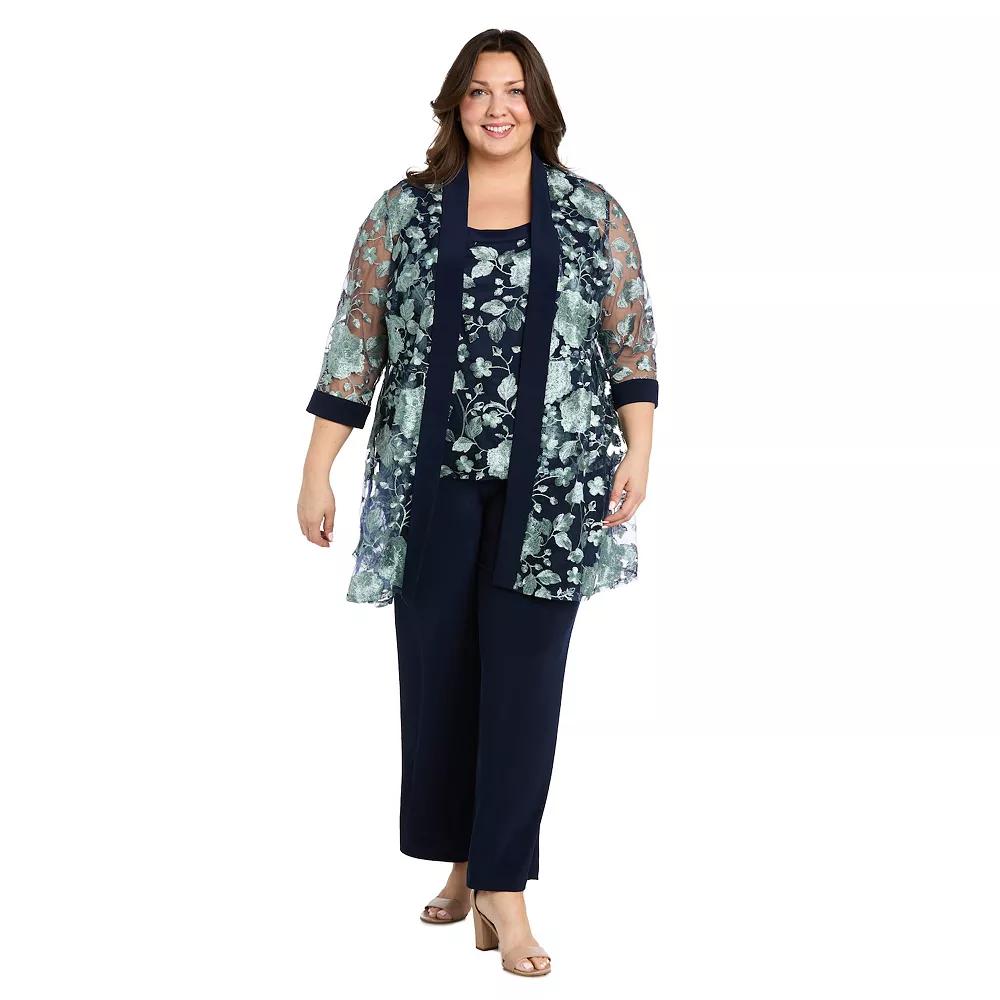 Plus Size R&M Richards 2-pc. Floral Threaded Duster & Pantsuit Set, Women's, Size: 16 W, Blue Sage Product Image