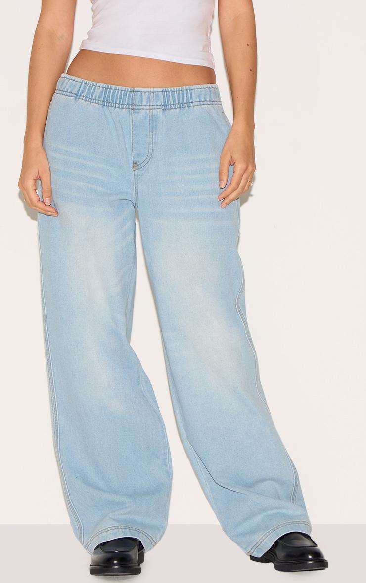  Light Blue Wash Elasticated Waistband Wide Leg Jeans Product Image
