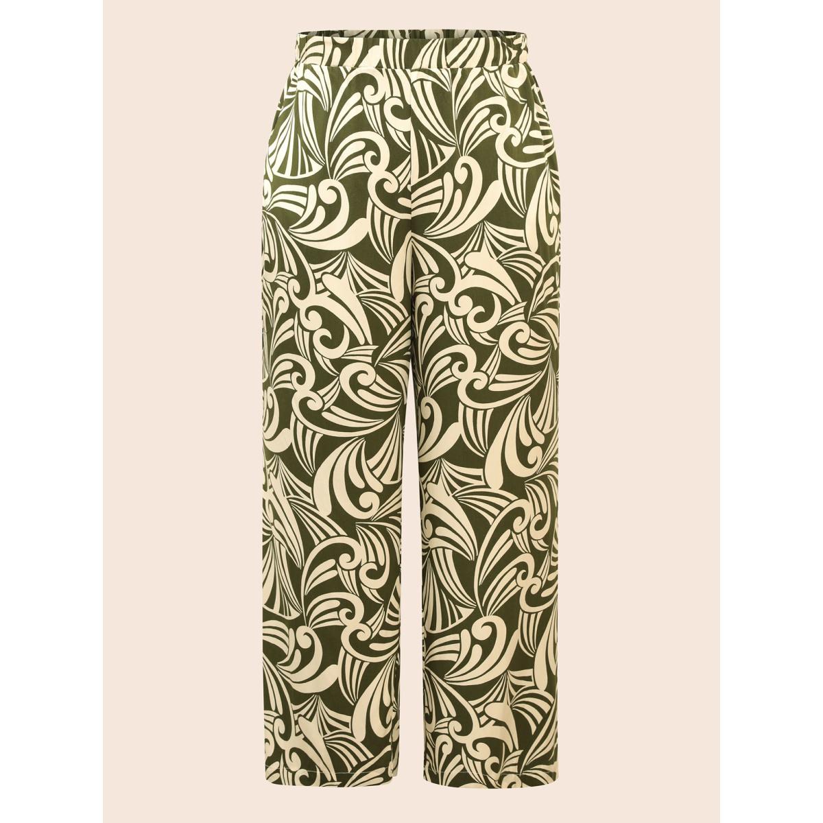 Plus Size Tropical Print Wide Leg Mid Rise Pants Women Moss Casual Wide Leg Mid Rise Everyday Pants BloomChic 28/5X Product Image