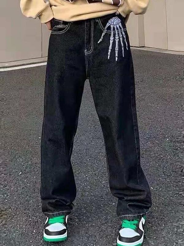 Men's Skull Print Loose Jeans Product Image