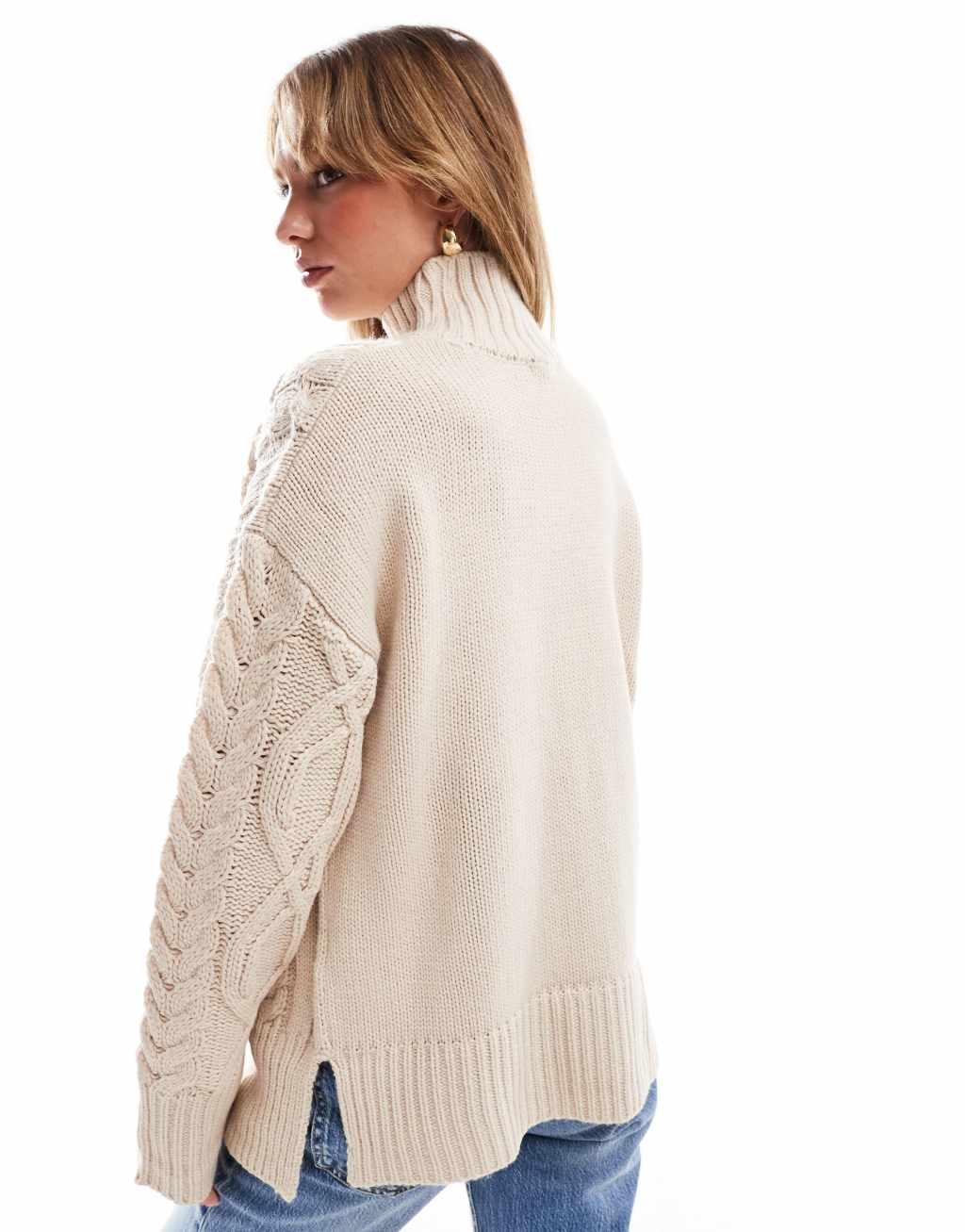 Brave Soul cable knit turtleneck sweater in stone Product Image