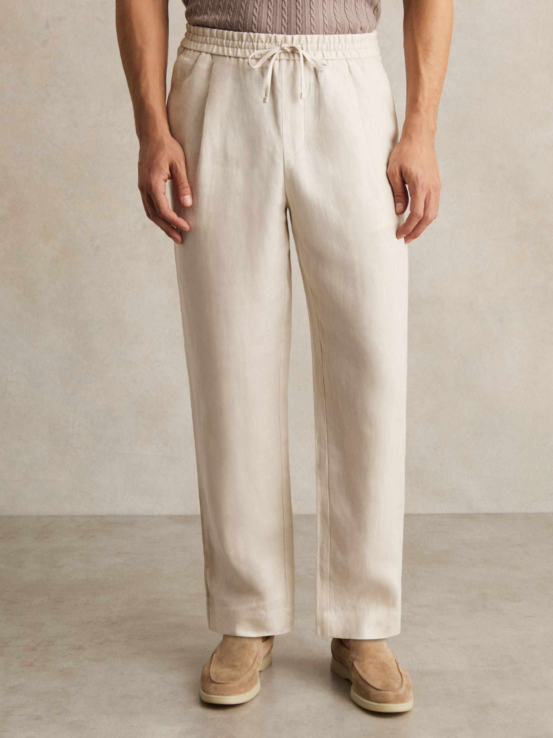 Linen Drawstring Relaxed-Fit Trousers in Stone Product Image