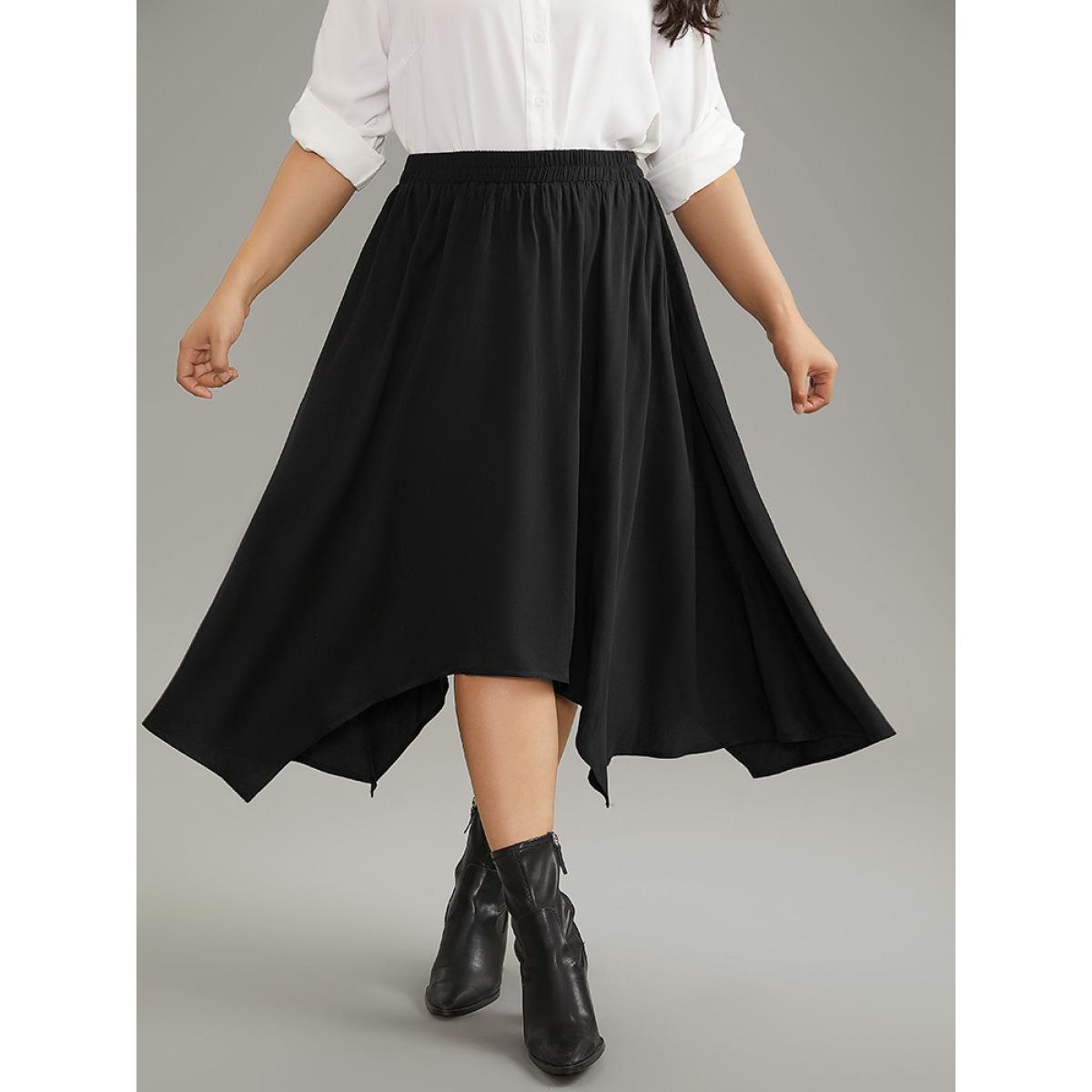 Plus Size Solid Rayon Elastic Waist Pocket Hanky Hem Skirt Women Black Office Plain No stretch Pocket Work Skirts BloomChic 22-24/3X Product Image