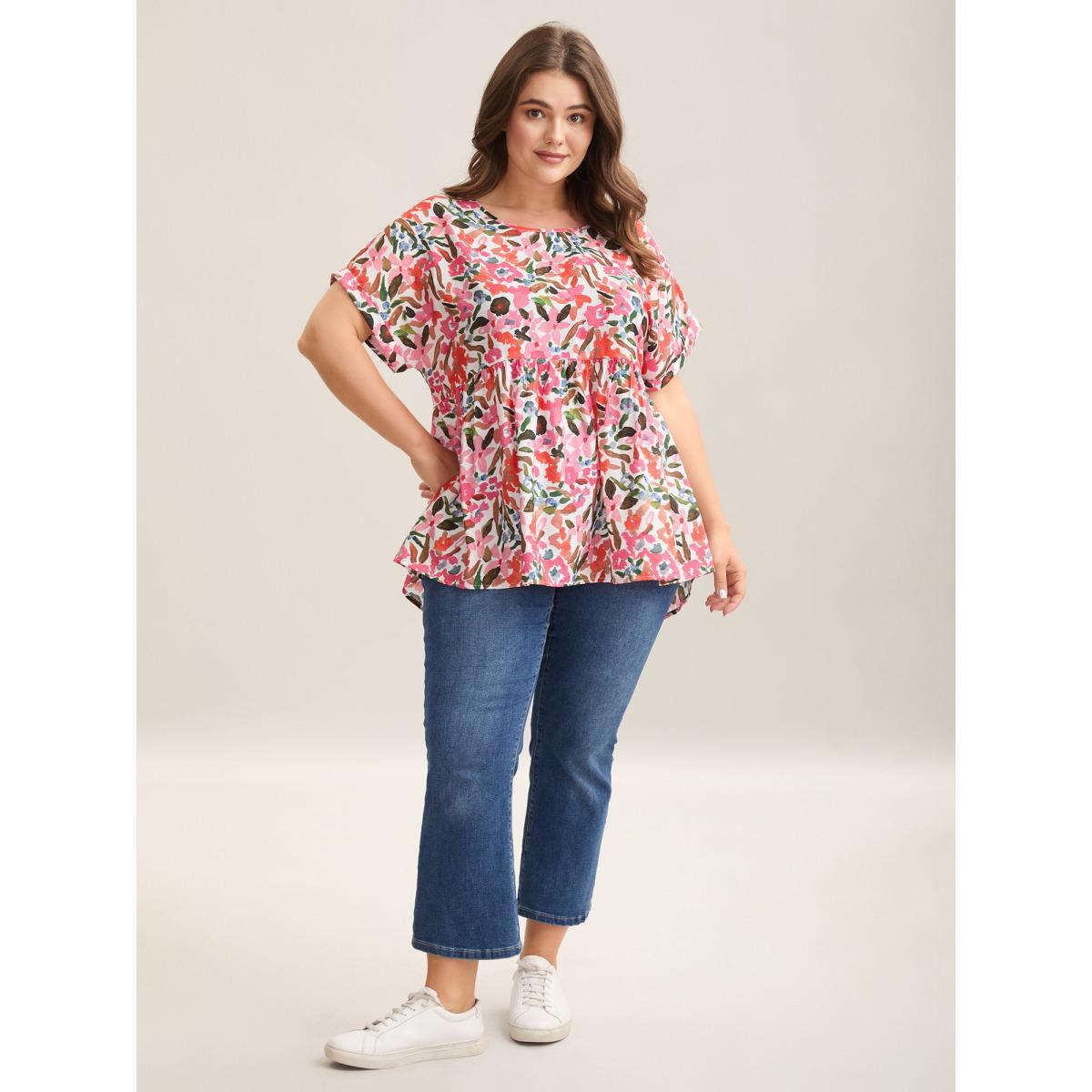 Plus Size Blush Fruit Print Curved Hem Batwing Sleeve Blouse Women Leisure Cap Sleeve Round Neck Casual Blouses BloomChic 14-16/1X Product Image