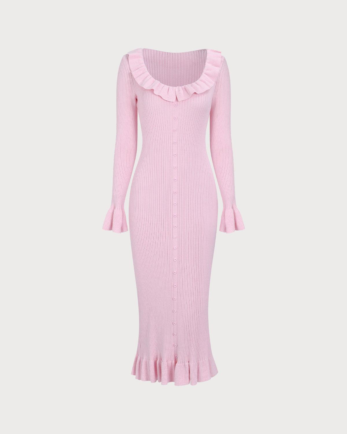 Women's Pink U-Neck Ruffle Bodycon Sweater Dress Female Product Image